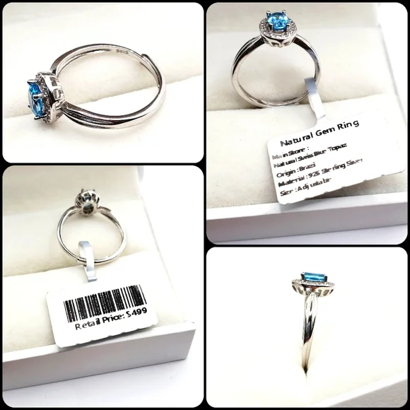 Natural Swiss Blue Topaz Sterling Silver Diamond Halo Ring - Picture 2 of 5